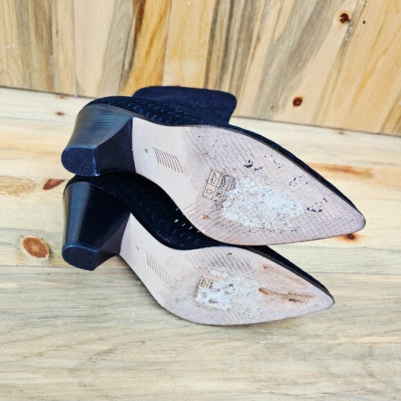 Paige Layla Mid Calf Boot Black Suede Perforated Pointed Toe Heeled - Picture 6 of 6